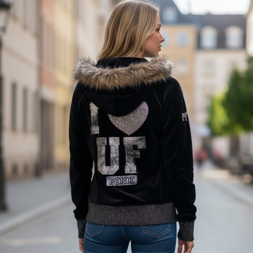 Vintage Victoria's Secret PINK Black Velour Sequin Bling Faux Fur Lined Hoodie